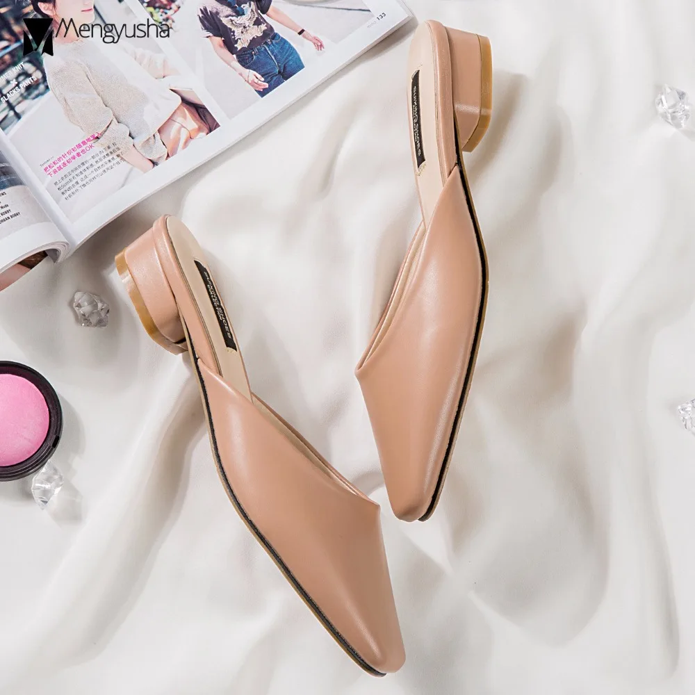 Сандалии женские кожаные с квадратным носком шлепанцы на низком каблуке