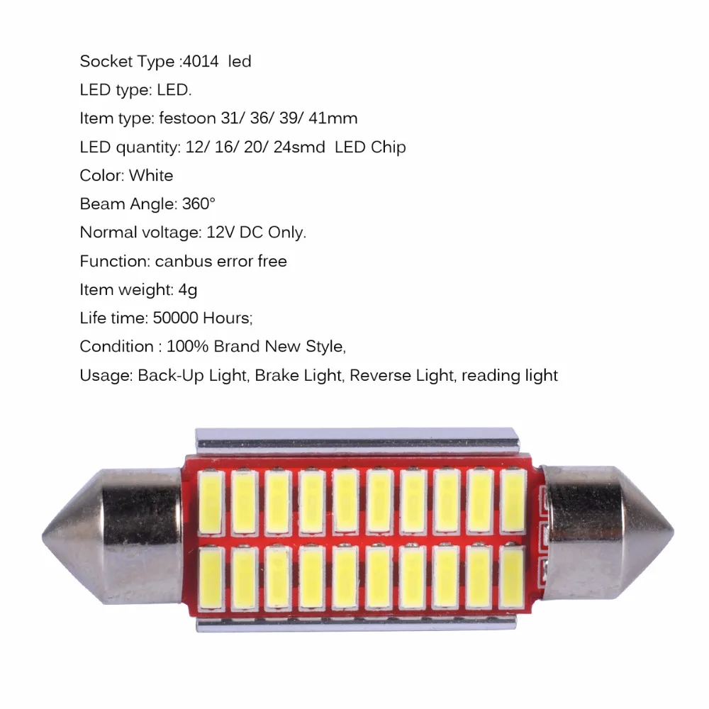 AutoEC 100x31 мм 36 39 41 C5W C10W 12 16 20 24 SMD 4014 светодиодная лампочка CANBUS без ошибок Φ # LK142 |