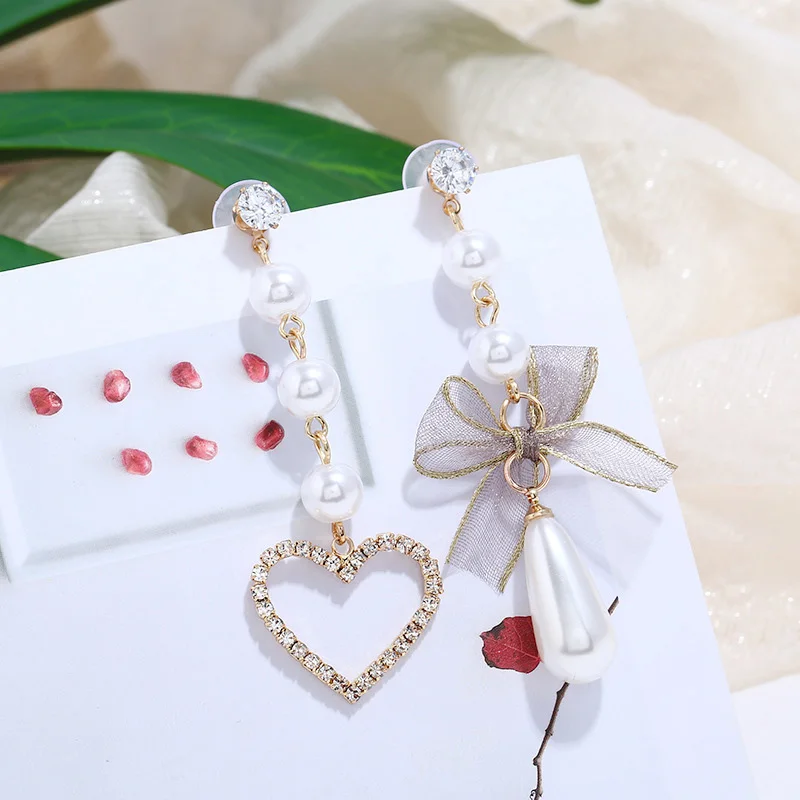Clip Earrings grey Новинка, корейские очаровательные жемчужные стразы с кристаллами и бантом, серьги на клипсах с сердечками без пирсинга для женщин, вечерние клипсы без отверстий для ушей - Окраска металла: Clip Earrings grey
