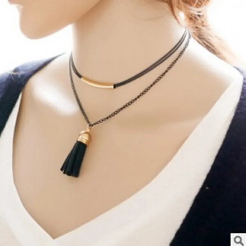 Новое поступление модное ожерелье с двойной цепочкой и кожаной кисточкой