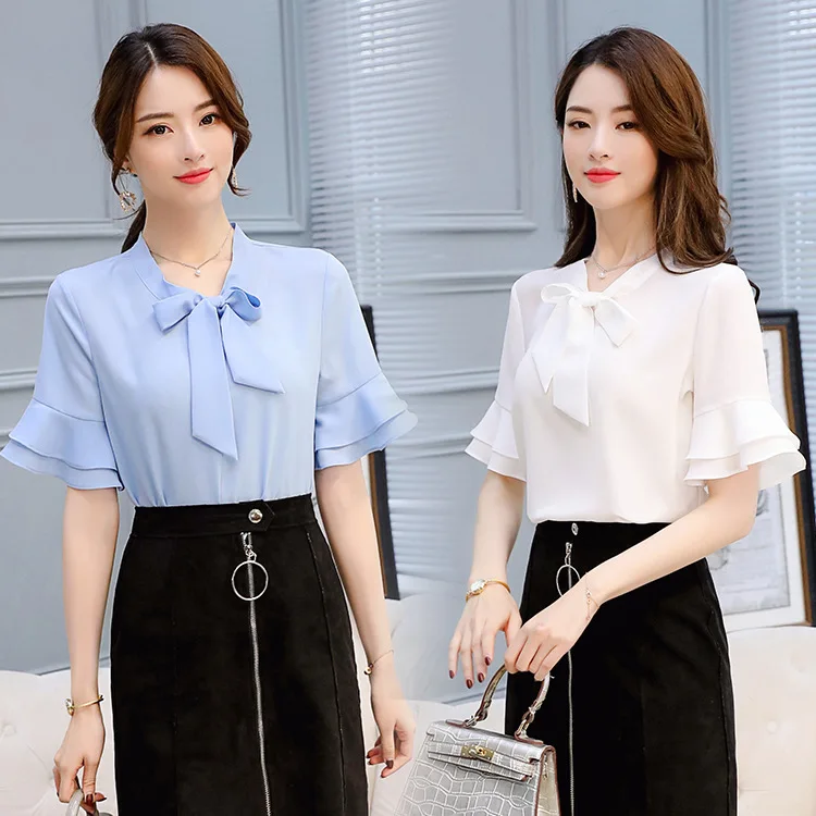 

NANABUBU Summer Chiffon Shirt Female Office Blouse Flare Sleeve Ladies Shirt Solid Women's Shirt Plus Size Blusas Femininas