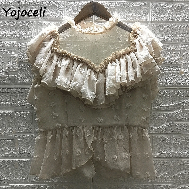 Женская шифоновая блузка Yojoceli в горошек с кружевным бантом для вечеринки Пляжная