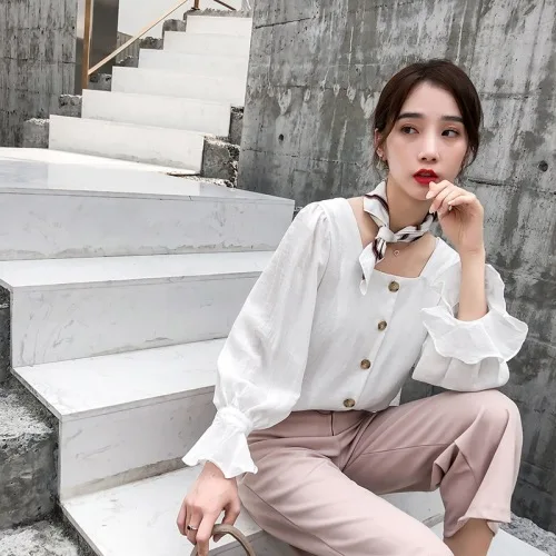 Женская рубашка с квадратным вырезом и длинным рукавом однотонная Элегантная