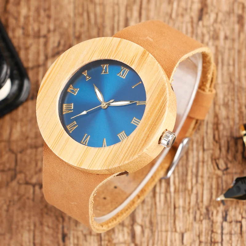 Деревянные часы уникальные синие наручные с римскими цифрами оригинальные