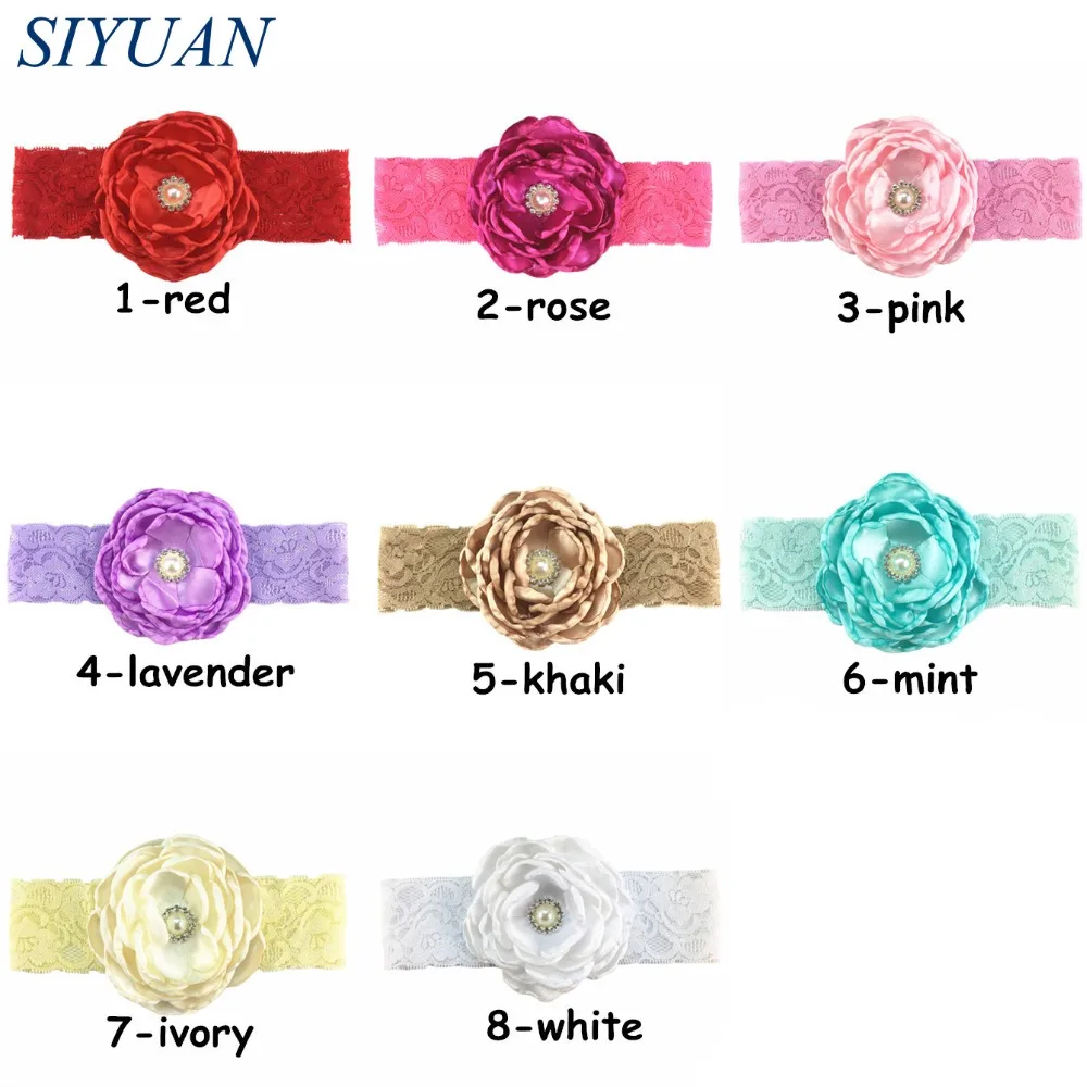 1pcs/lot Elastic Lace Headband with Luxe 7 Layer Burned Satin Flower Rhinstone Button Centered Girl Party Headwear HB066 | Аксессуары
