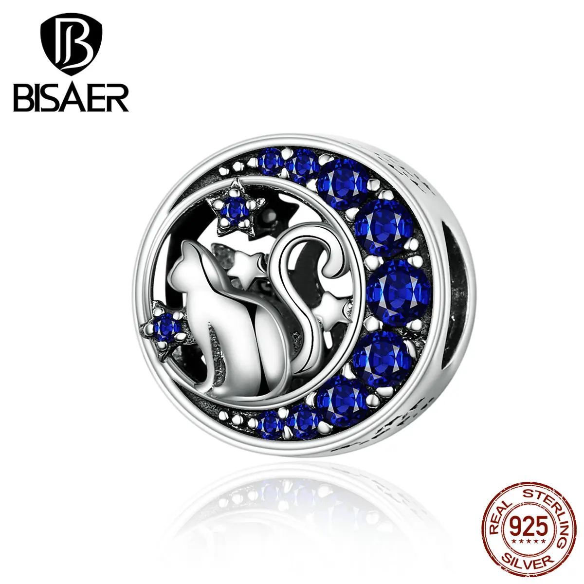 Бусины BISAER Pussy, 925 пробы, серебро, кот в Луне, подвески, голубая луна, котенок, бусины, подходят для DIY браслетов, 925 серебряные ювелирные изделия ECC1204
