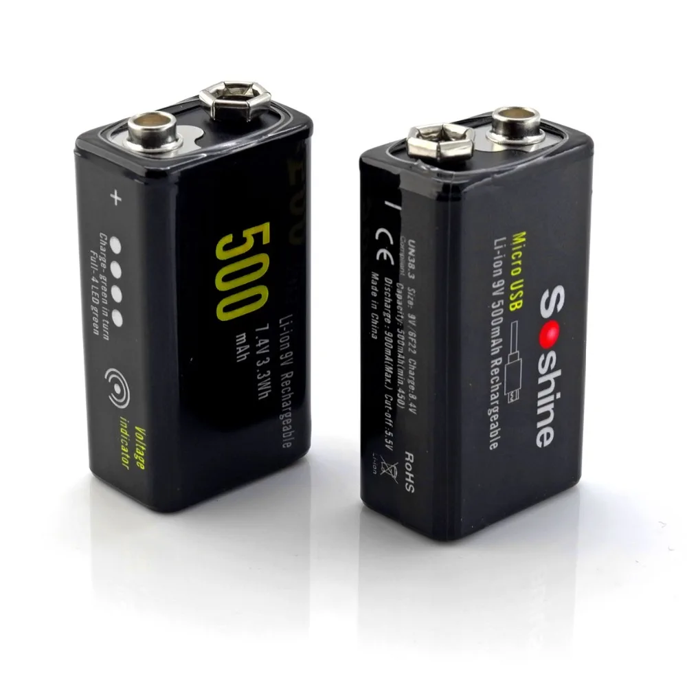 Литий-ионный аккумулятор Soshine 9 В 2 шт. со встроенным портом Micro USB способа зарядки