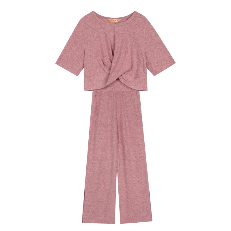 Pink ELFSACK, новинка, весенний однотонный комплект из 2 предметов, повседневные женские шорты с круглым вырезом и уличная одежда, полная длина, эластичный пояс, женские футболки, женские штаны - Цвет: Pink