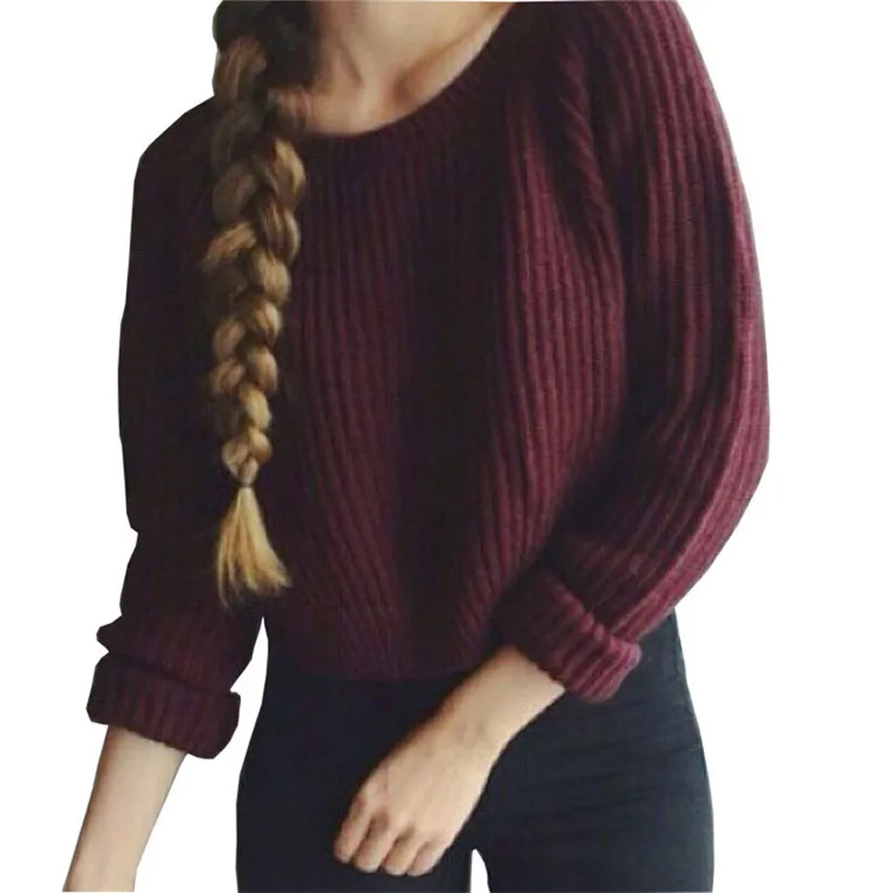 Newly Design Women Casual Autumn Knit Short Sweater Burgundy Long Sleeve Loose Crop Top Pullover Drop Shipping #0720 | Женская одежда