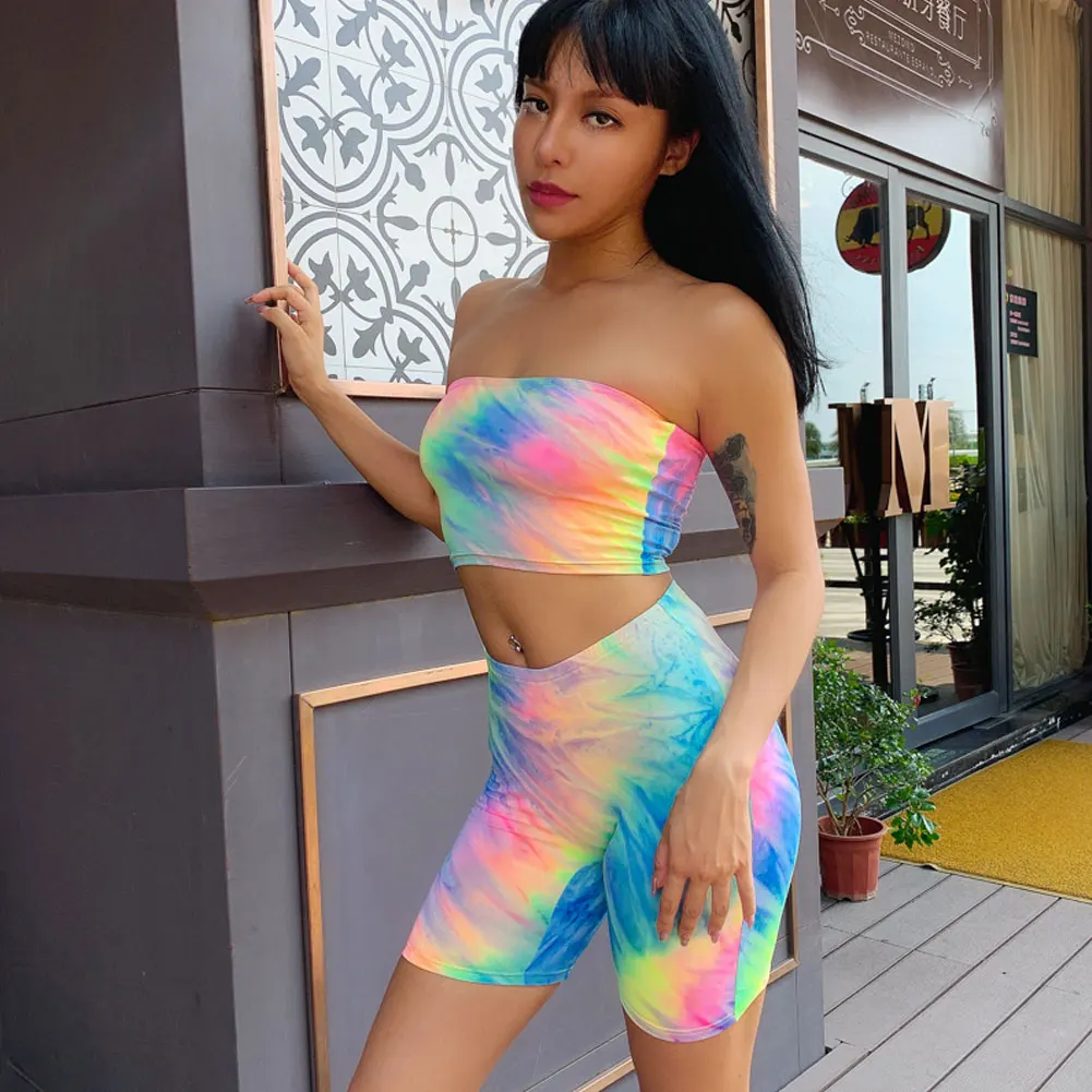 

Casual Women 2 piece Dyeing Tracksuit Set Summer Strapless Bra Tube T-Shirt Top&Cut Out High Waist Shorts Leggings Jogger Suit