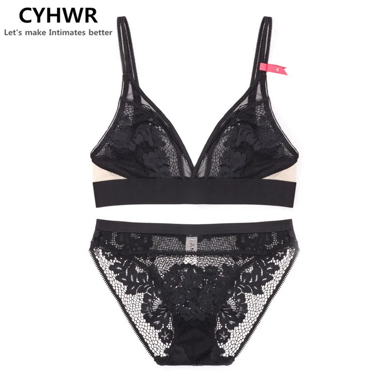 CYHWR, новинка, кружевное нижнее белье, Ультра тонкое, сексуальное, без косточек, женское нижнее белье, удобная чашка, для сна, дышащее, комплект с бюстгальтером - Цвет: Черный