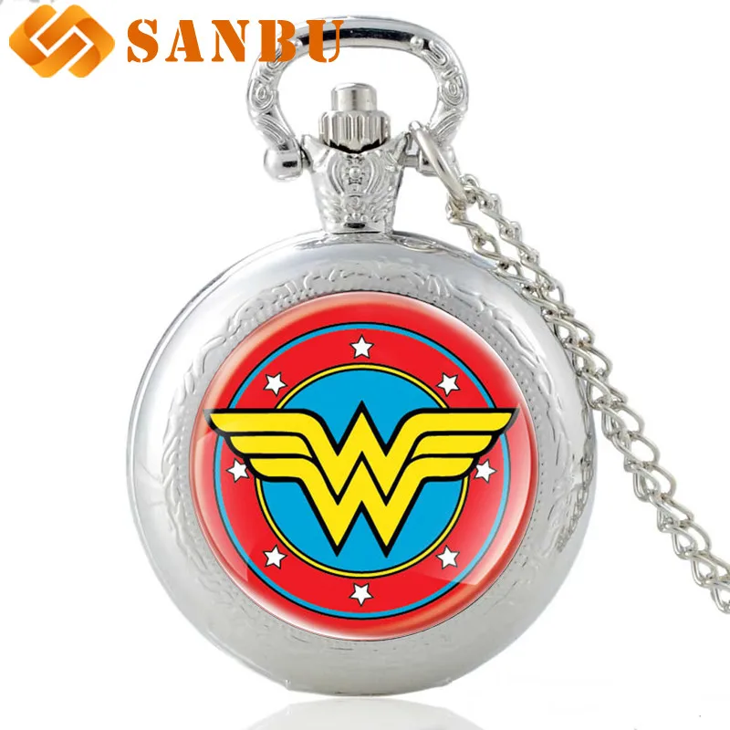 Silver Винтажное ожерелье Wonder Woman часы Ретро Бронзовые женские кварцевые карманные часы - Цвет: Silver