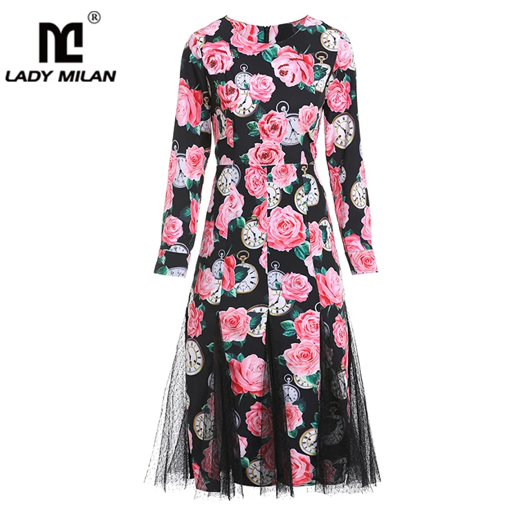 Женские 2019 подиумные платья с круглым вырезом и длинными рукавами цветочным