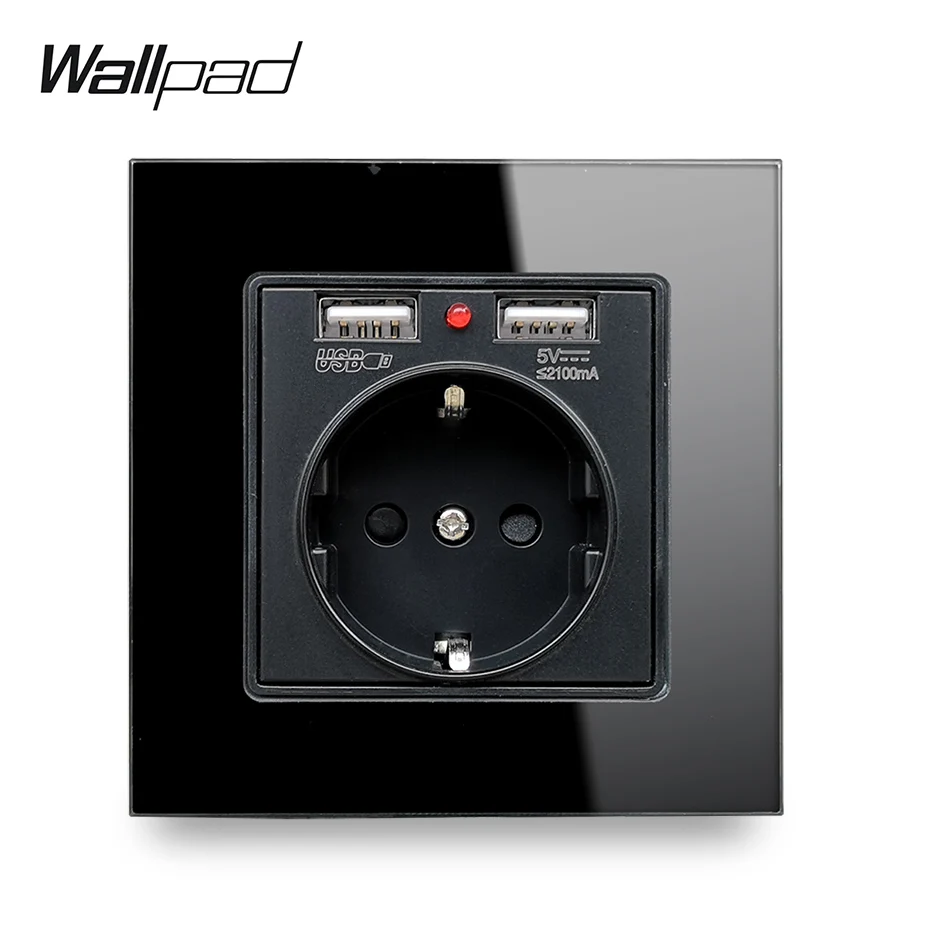 Wallpad S7 бело-черные Стекло Панель Европейская Сетевая розетка с 2.1A 2 x зарядка через usb Порты, с переключением между дальним и Мощность выходе пластины - Тип: Black