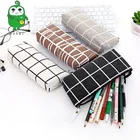 Холщовый пенал в сеточку, большой чехол для карандашей треугольной формы с квадратной сеткой, серого, кофейного, черного и белого цветов