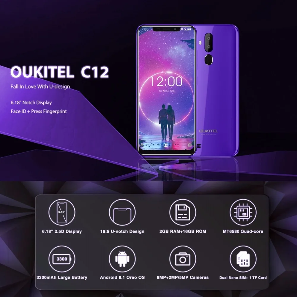 Oukitel C12 Mobile 6 18 &quot19:9 u-вырезка Дисплей Смартфон Android 8 1 MT6580 3 GHz 2 GB Оперативная память