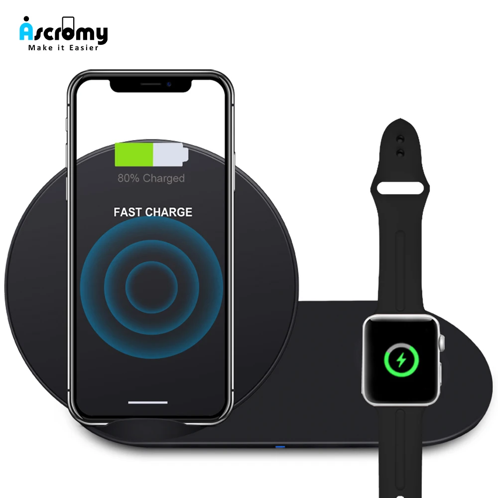 Беспроводное зарядное устройство Ascromy 2 в 1 для iPhone XS Max XR 8 Plus X держатель Apple Watch Series