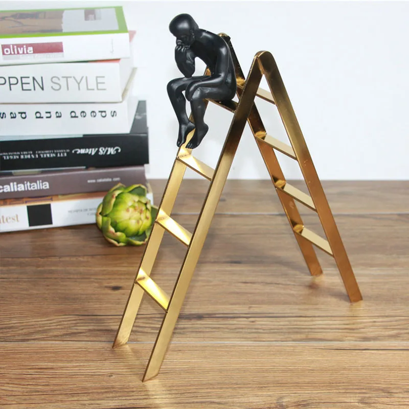 

Thinker on The Stairs resin man statue sculpture metal stairs craft gift bookshelf office table ornaments decoration industrial
