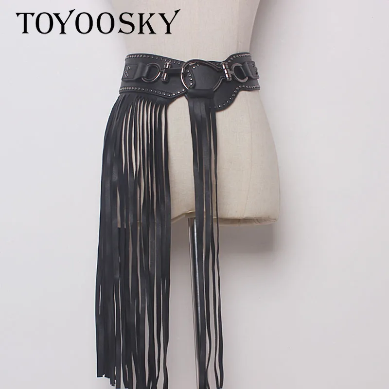 Женский ремень с длинной бахромой черный эластичный пояс широкой пряжкой |