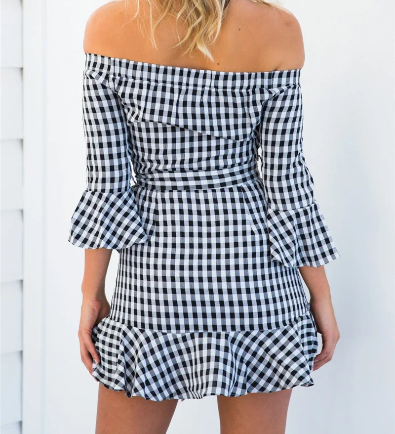 2017 высокое качество пикантные плед мини пляжное платье женские с плеча Новая