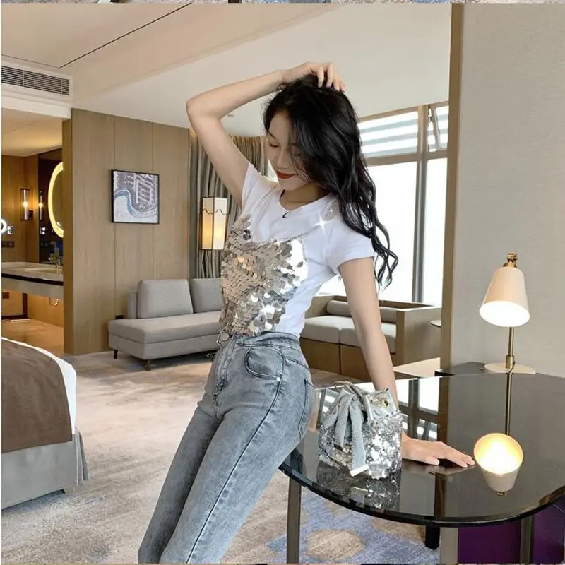 Новинка лета 2019 Женский облегающий пикантный топ с коротким рукавом и круглым