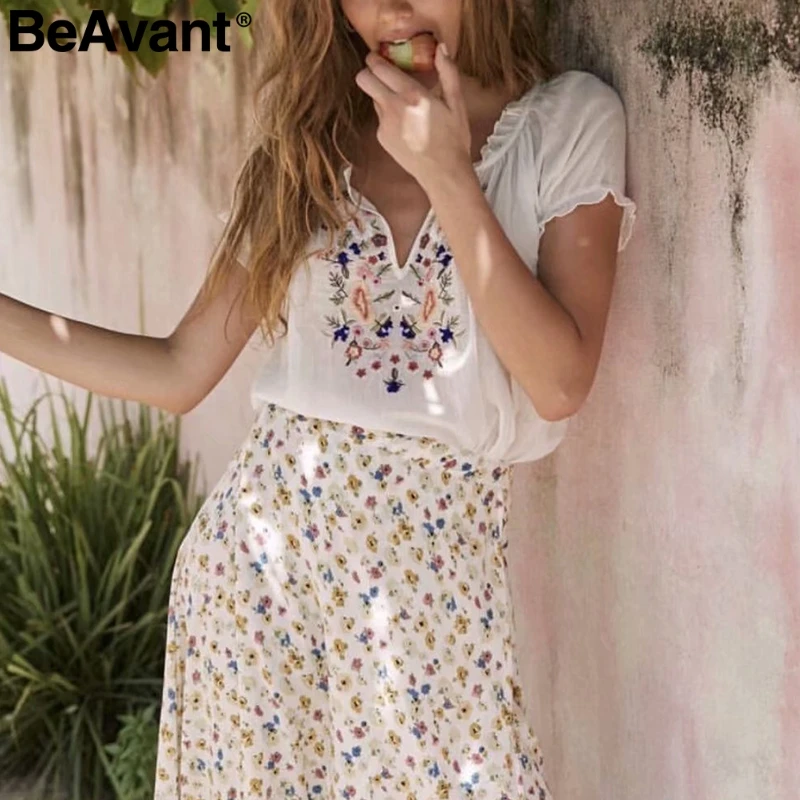 BeAvant Цветочная вышивка женский топ винтажный короткий рукав гофрированная