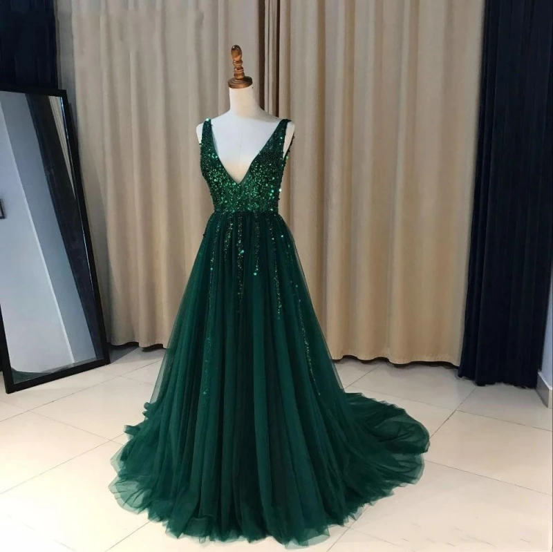 

New Green Evening Gowns 2020 Deep V Neck Beading Sweep Train Modern Long Cheap Formal Occasions Prom Formal Prom Party