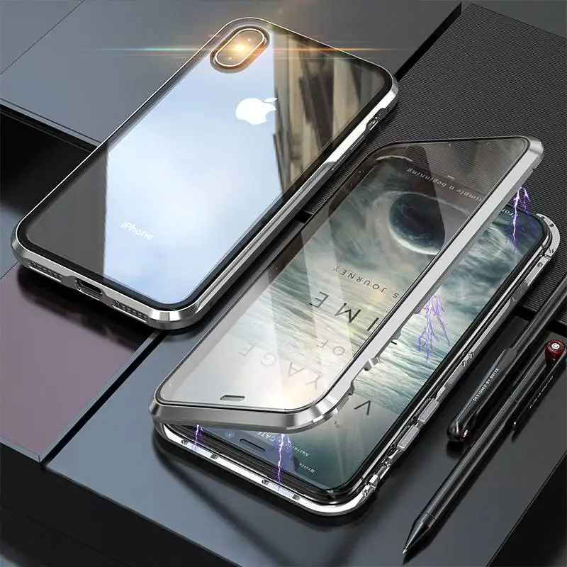 Full Silver Чехол из прозрачного стекла с магнитной адсорбцией для iPhone XS Max XR XS X 7 8 6 6S Plus, с полным покрытием, сенсорный экран - Цвет: Full Silver