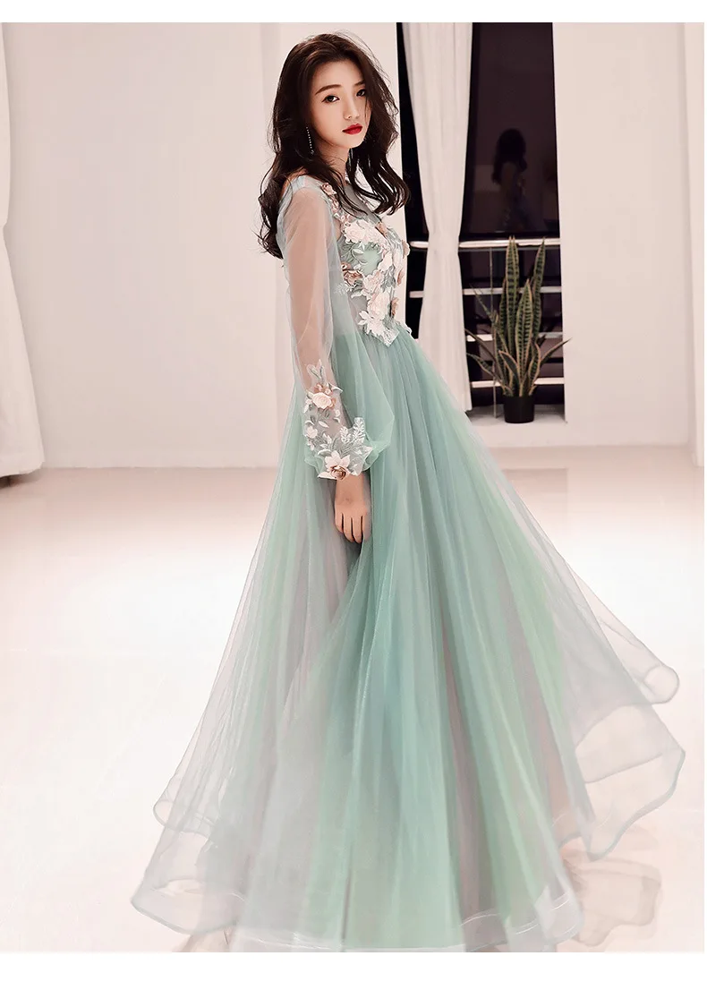 Vestidos de fiesta de noche Длинное Элегантное Вечернее Платье С v-образным вырезом из тюля с кружевной аппликацией А-силуэта Vestidos De Graduacion Esbride ES1018