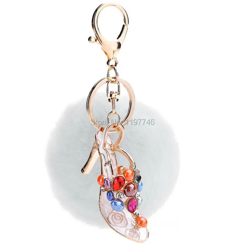 9 Colors Big 8cm Rabbit Soft Fur Ball Pom Keyring Keyfob Colorful Crystal Rhinestone High Heel Shoe Pendant Key Chain | Украшения и