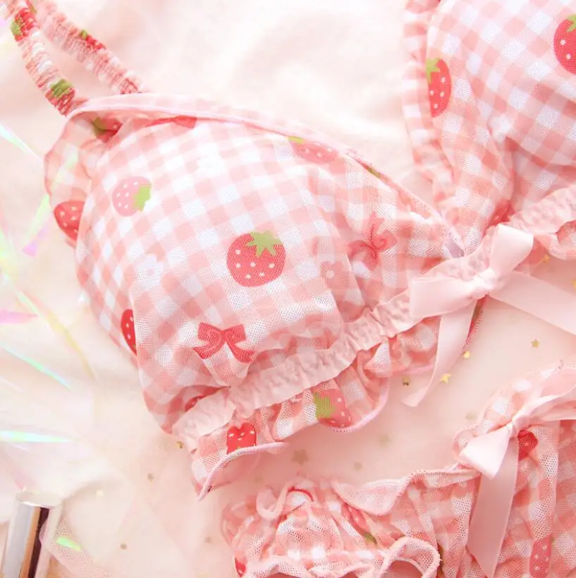 Strawberry Chequered Girl Sleep Bra Mesh Pink Sweet Underwear Suit for Students