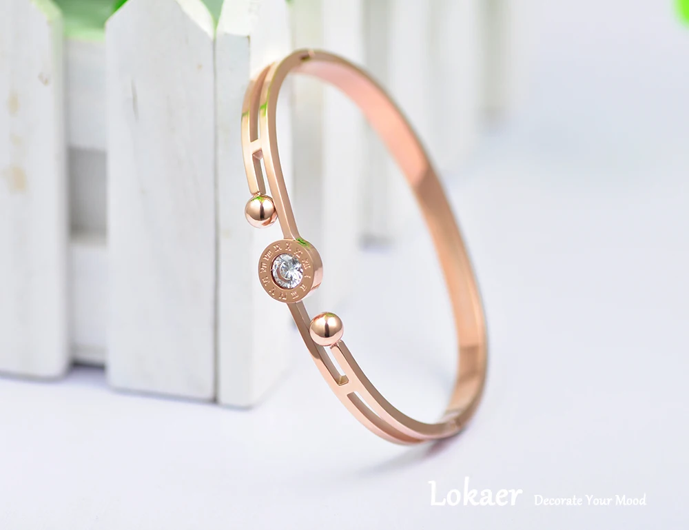 Lokaer Розовое золото Цвет кубический цирконий Римский номер манжеты браслеты для женщин нержавеющая сталь двойные бусины Шарм Браслеты и браслеты