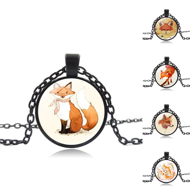 

Cartoon Anime Jewelry with Black Necklace Chain Glass Cabochon Fox Pattern Choker Pendant Statement Necklace for Women