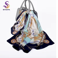 [BYSIFA] New Brand Natural Silk Scarf Shawl Bandana Women Fashion Chain Head Scarf Blue Large Square Scarves Wraps  Bufanda