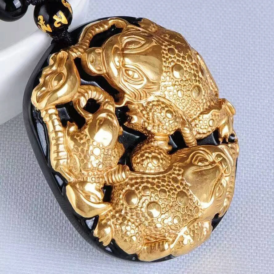 Золотая натуральная черная обсидиановая резьба золотая жаба счастливый амулет