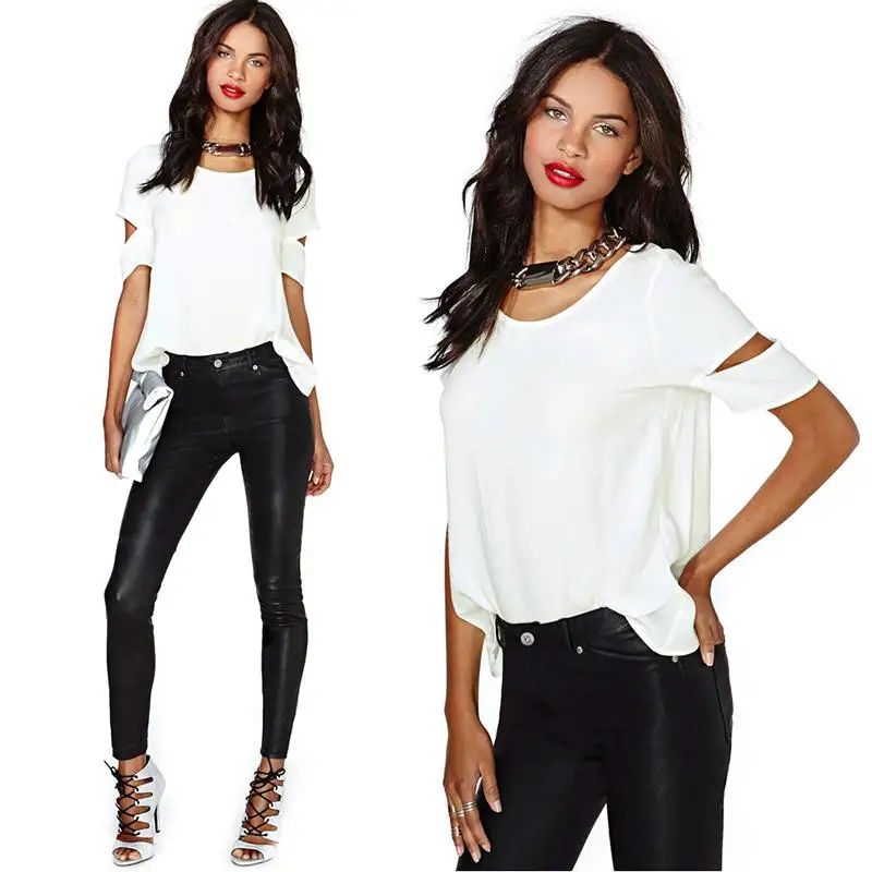 2018 Women Fashion Chiffon Sexy Blouse Wrap Back Cutout Short Sleeves O-Neck Casual Summer Tops White New Shirts |