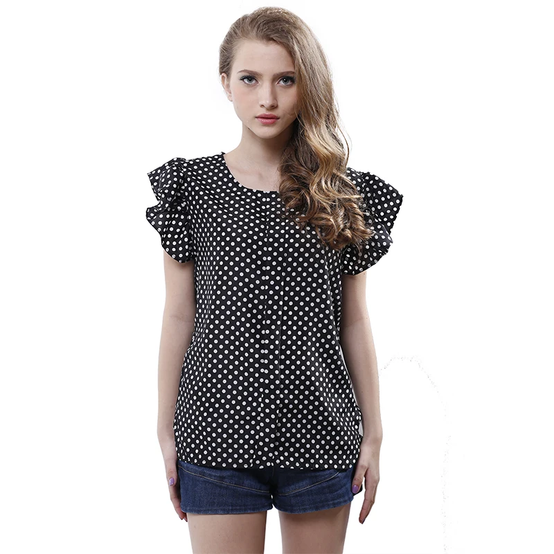 Блузка женская шифоновая в горошек с рукавом бабочкой и круглым вырезом|chiffon