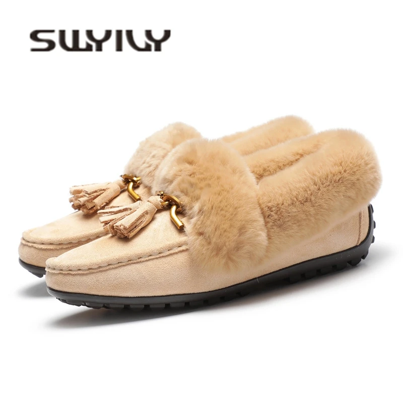 SWYIVY/Нескользящие зимние теплые лоферы на плоской подошве женская обувь