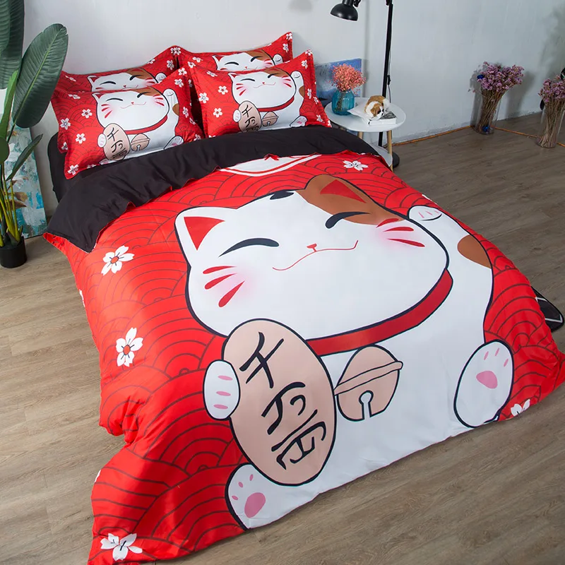 Японский Maneki Neko новогодний декор постельные принадлежности Твин Полный Королева Король один двойной размер пододеяльник наборы милый счастливый удача Кот