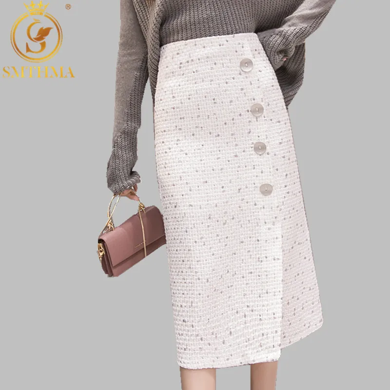 Женская шерстяная твидовая юбка SMTHMA винтажная однобортная с разрезом и высокой