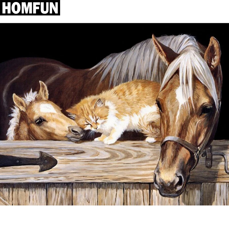 Алмазная 5D Вышивка HOMFUN Кот и лошадь картина с полными квадратными/круглыми