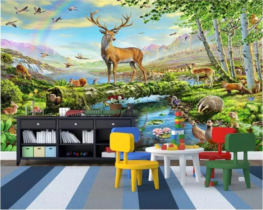 

beibehang Photo wallpaper custom fashion beautiful fresh green suburban hillside deer river children's room background wall