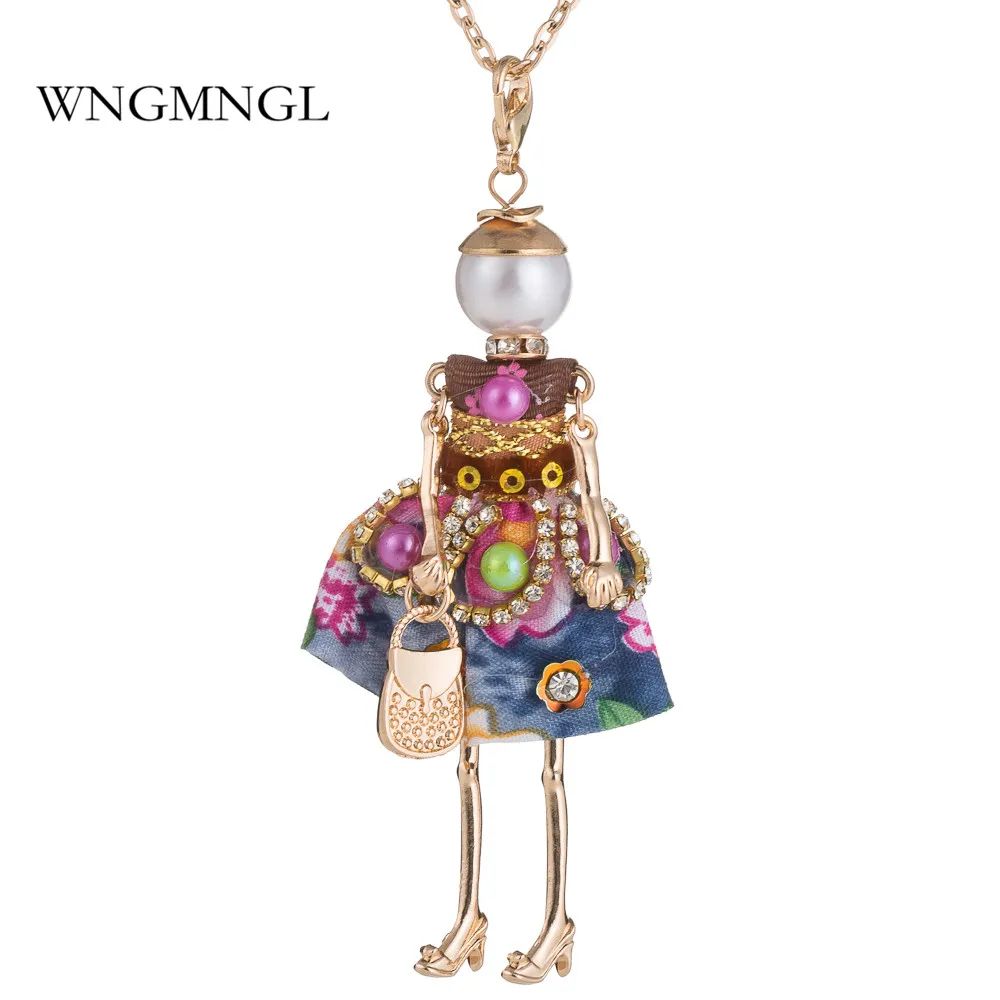 

WNGMNGL 2018 New Design Charm Embroidery Dress Handbag Cute Doll Pendant Long Chain Necklace For Women Fashion Jewelry Gift