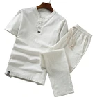 Высококачественный Летний Тонкий льняной комплект, мужская хлопковая облегающая футболка с коротким рукавом, однотонные Свободные повседневные брюки большого размера