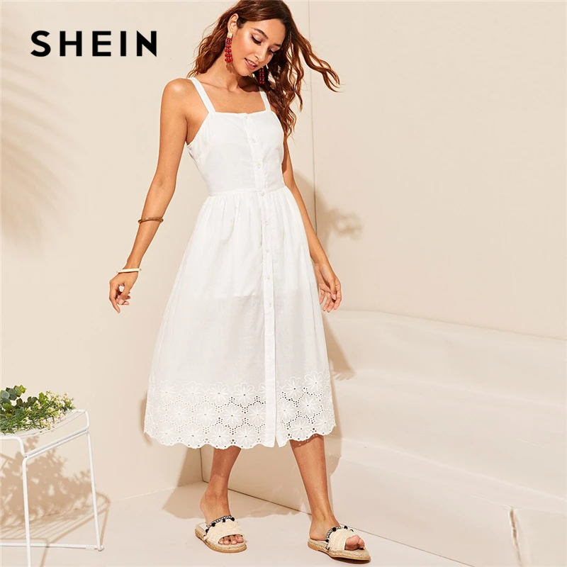 SHEIN белое вышитое летнее платье на пуговицах в стиле бохо, женское платье на бретелях в стиле ампир, однотонное облегающее и расклешенное длинное платье на бретельках