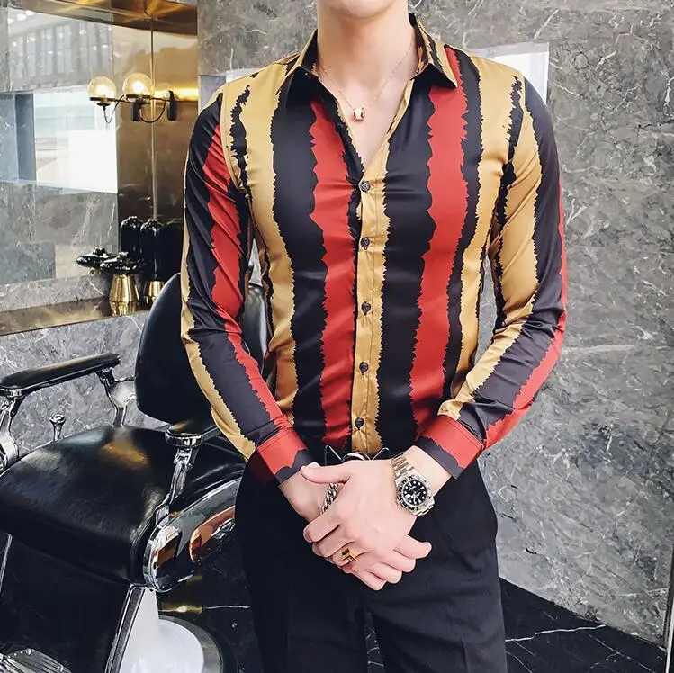 Золотой Острые зубы Рубашка в полоску Для мужчин Camisa социальная Masculina Стройное пригодное в Корейском стиле Для мужчин Костюмы с длинными рукавами Сорочка мужская, для общественных мест рубашки для мальчиков - Цвет: Золотой