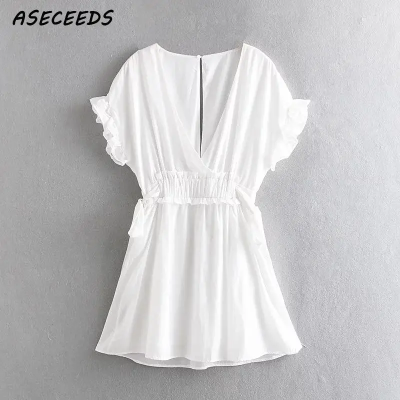 Винтажное элегантное шикарное белое платье с рюшами женское летнее 2019 boho