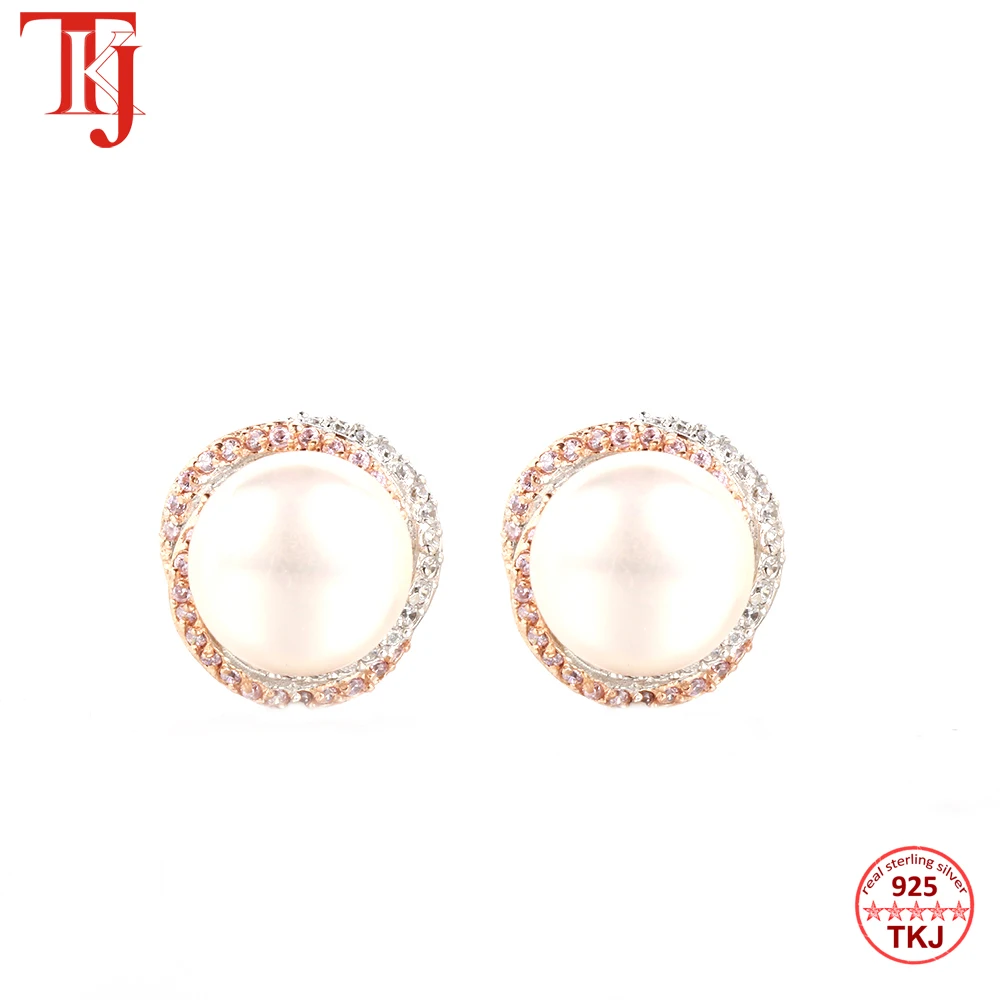 TKJ, модные жемчужные серьги-гвоздики, 925 пробы, серебро, розовое золото, серьги для женщин, девочек, для свадьбы, вечеринки, помолвки, хорошее ювелирное изделие