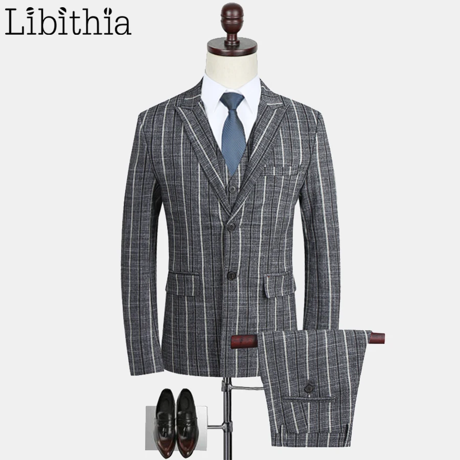 Костюм Мужской приталенный в полоску блейзер свадебный костюм из 3 предметов