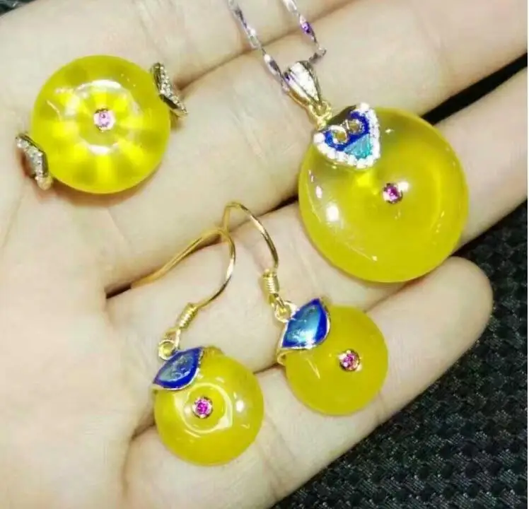 Серьги из натурального желтого халцедона зеленого цвета кольца ювелирные наборы
